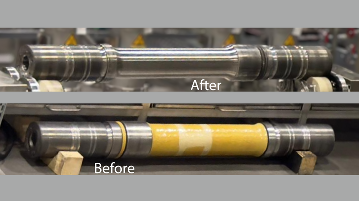 Precise paint stripping of a wheelset axle in the railway sector with consistently high quality using high-pressure water-jet technology.